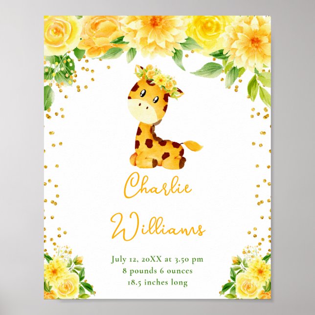 Giraffe Yellow Floral Birth Statistics Poster (Vorne)