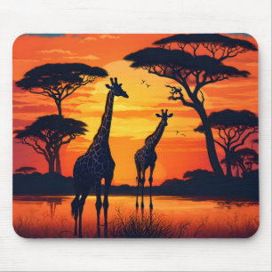 Giraffen am Wasserloch bei Sonnenuntergang Mousepad