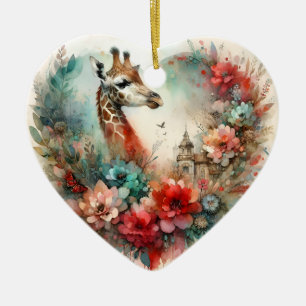 Giraffen-Blumenlandschaft-Aquarell-Blumen-Safari Keramik Ornament