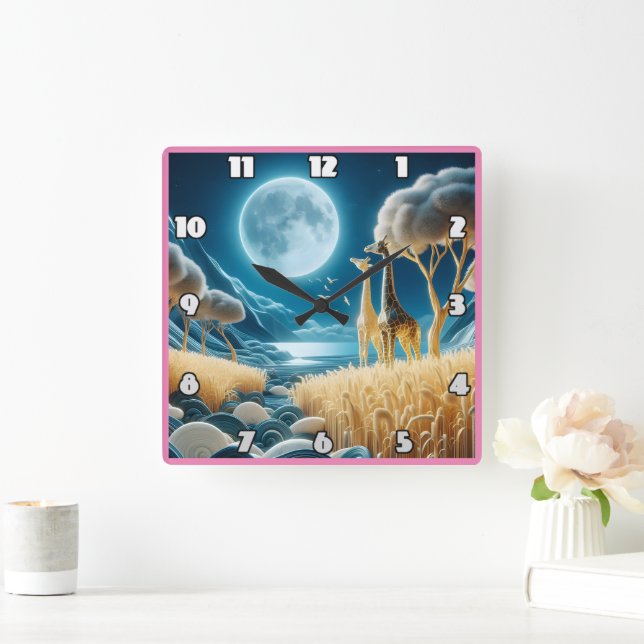Giraffen, die unter Vollmond in Afrika weiden Quadratische Wanduhr (Zuhause)