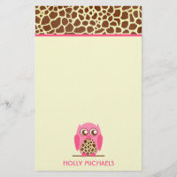 Giraffen-Druck u. rosa Eulen-Briefpapier