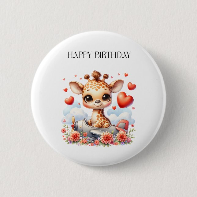 Giraffen-Flugzeug-Geburtstag Button (Vorderseite)