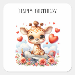 Giraffen-Flugzeug-Geburtstag Quadratischer Aufkleber