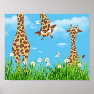 Giraffen im Gras mit Wolken Poster