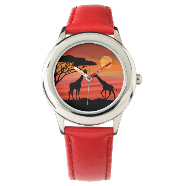 Giraffen im Serenegti-Sonnenuntergang Armbanduhr (Vorderseite)