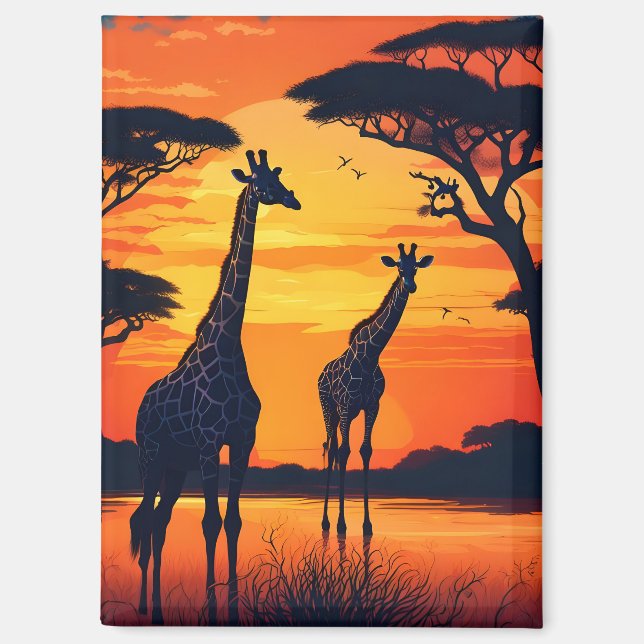 Giraffen im Wasserloch bei Sonnenuntergang Magnet (Vorderseite)