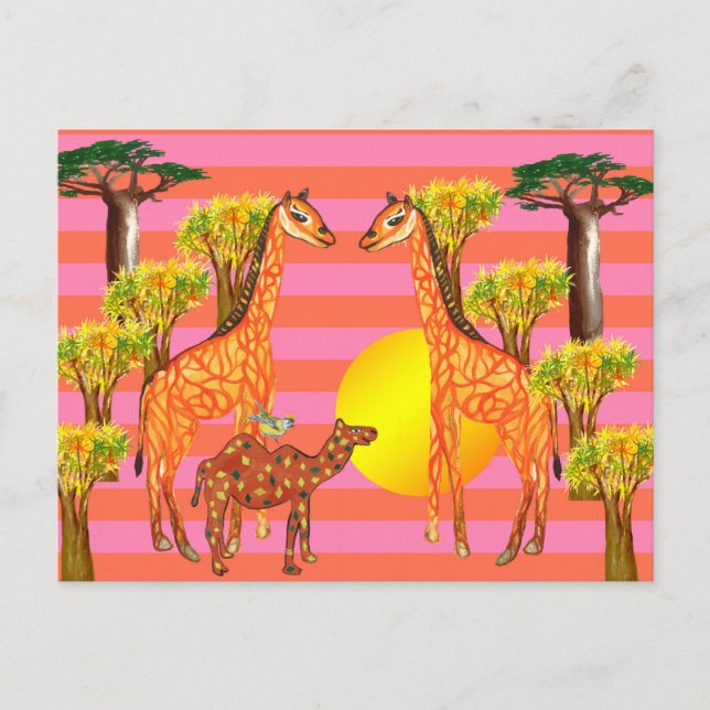 Giraffen, Kamel, Zeichnend Vogel, Postkarte (Vorderseite)