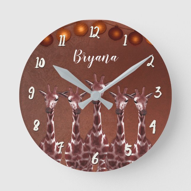 Giraffen & Lichter Rustikal-brauner Chic Personali Runde Wanduhr (Vorderseite)