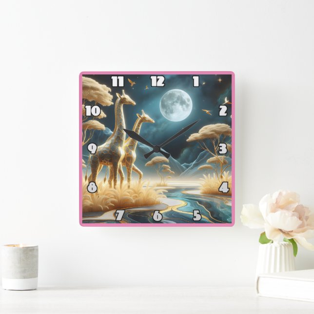 Giraffen unter Afrikas Vollmond Quadratische Wanduhr (Zuhause)