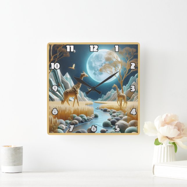 Giraffen wandern unter dem Mond in Afrika Quadratische Wanduhr (Zuhause)