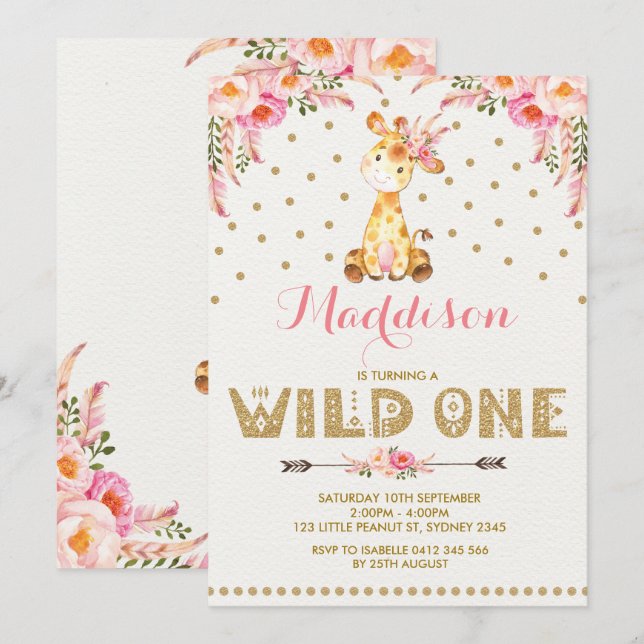 Giraffen-WILDES Einladungs-rosa GoldblumenParty Einladung (Vorne/Hinten)