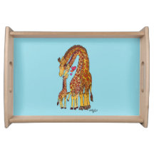 Giraffenfamilie Holztablett Blau