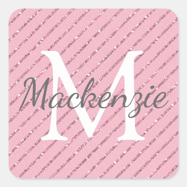 Giralblush Pink Glitzer Streifen Monogramm Quadratischer Aufkleber (Vorderseite)