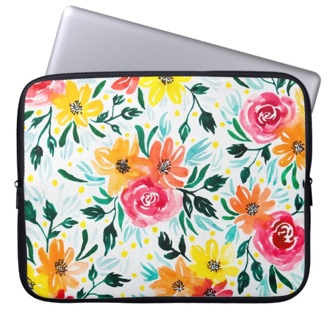 Giralfarbene Wasserfarbe Rosa Gelbe Blumen Laptopschutzhülle (Vorderseite)