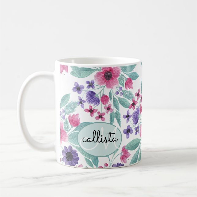 Giralrosa Lila Aquamarine Aquarellfarben Kaffeetasse (Links)