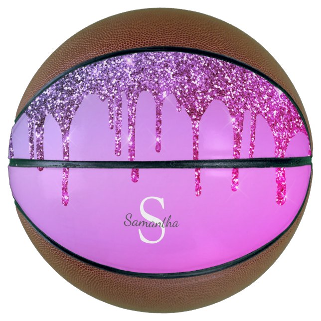 Giralrosa Lila Glitzer Sparkle Tropfens Monogram Basketball (Vorderseite)