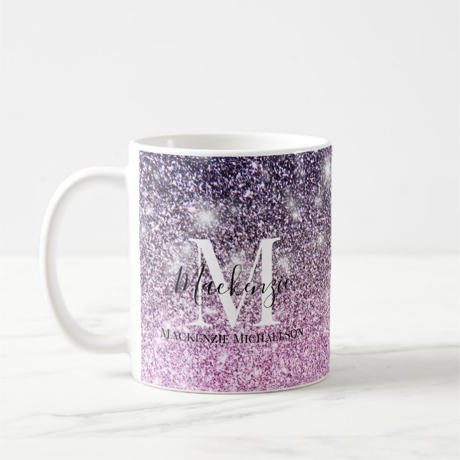 Giralrosa Lila Ombre Glitzer Monogram Name Kaffeetasse (Links)