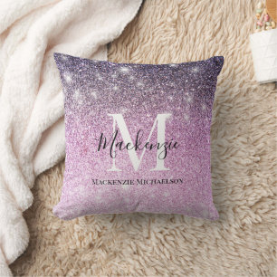 Giralrosa Lila Ombre Glitzer Monogram Name Kissen