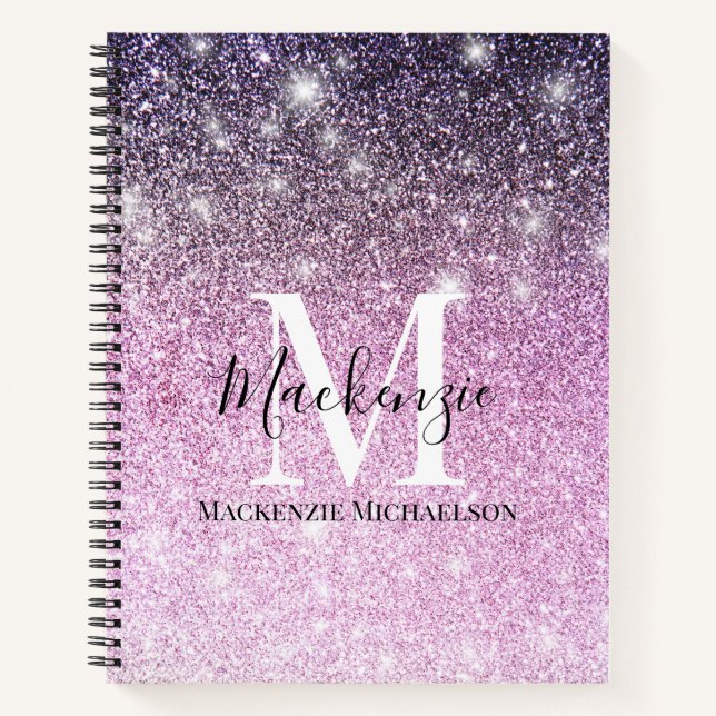Giralrosa Lila Ombre Glitzer Monogram Name Notizbuch (Vorderseite)