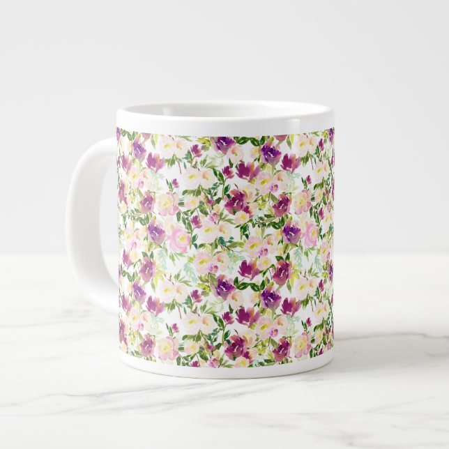 Giralrosa Pfirsich Lila Burgund Wasserfarben Jumbo-Tasse (Vorderseite Links)