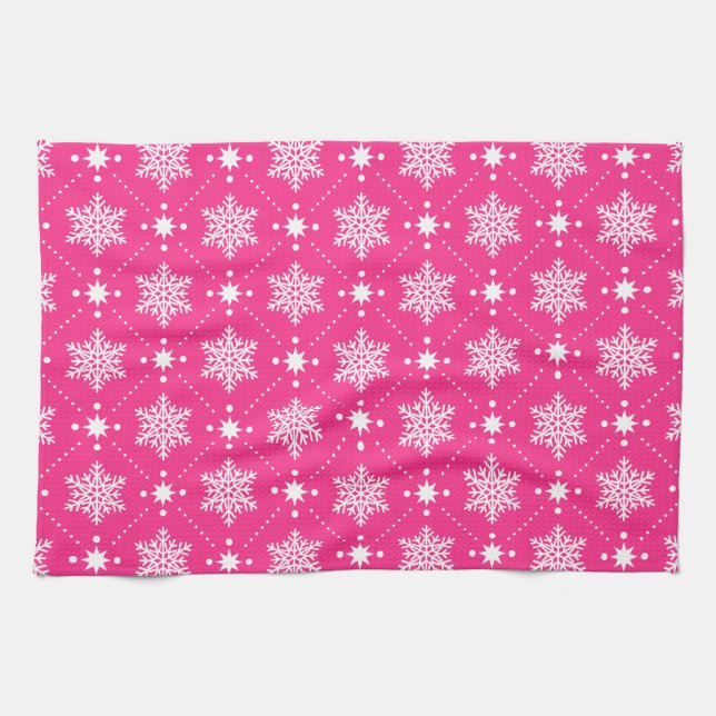 Giralrosa und weiße Schneeflocken Weihnachtsmuster Handtuch (Horizontal)