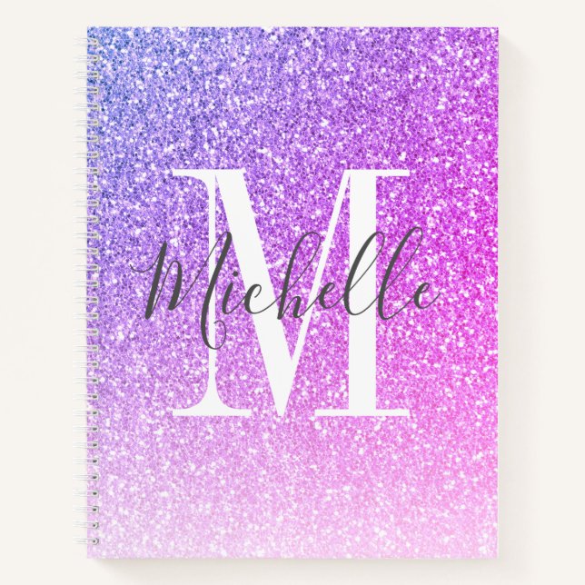 Giralskript Lila Pink Glitzer Glitzern Monogram Notizbuch (Vorderseite)