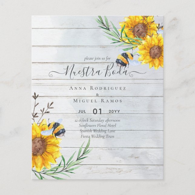 Girasoles de Invitación de Boda Económica Bilingüe Flyer (Vorne)