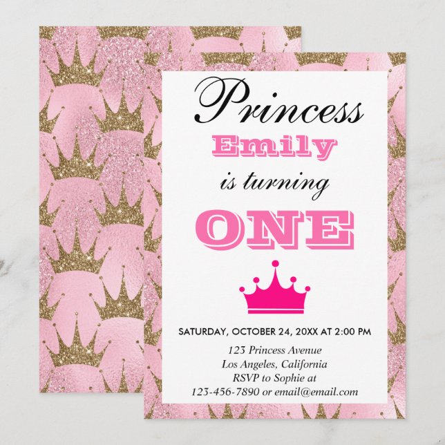 Gircess Pink & Gold Glitzer Erstgeburt Einladung (Vorne/Hinten)