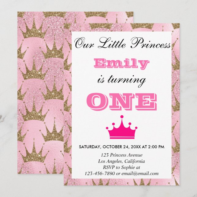 Gircess Pink & Gold Glitzer Erstgeburt Einladung (Vorne/Hinten)