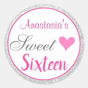 Gircess Pink & Silver Glitzer 16 . Geburtstag Runder Aufkleber