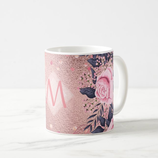 Giresters Ever ROSEGOLD Blue Pink Floral MONOGRAM Kaffeetasse (VorderseiteRechts)