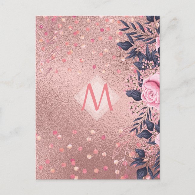 Giresters Ever ROSEGOLD Blue Pink Floral MONOGRAM Postkarte (Vorderseite)