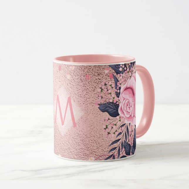 Giresters Ever ROSEGOLD Blue Pink Floral MONOGRAM Tasse (VorderseiteRechts)