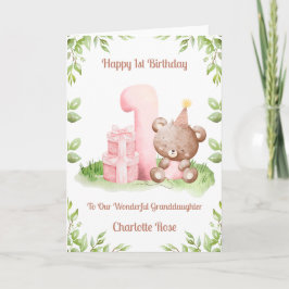 Girl 1st Birthday Greenery Teddy Bear Card Karte