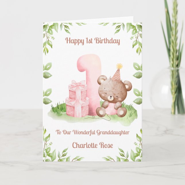 Girl 1st Birthday Greenery Teddy Bear Card Karte (Vorderseite)