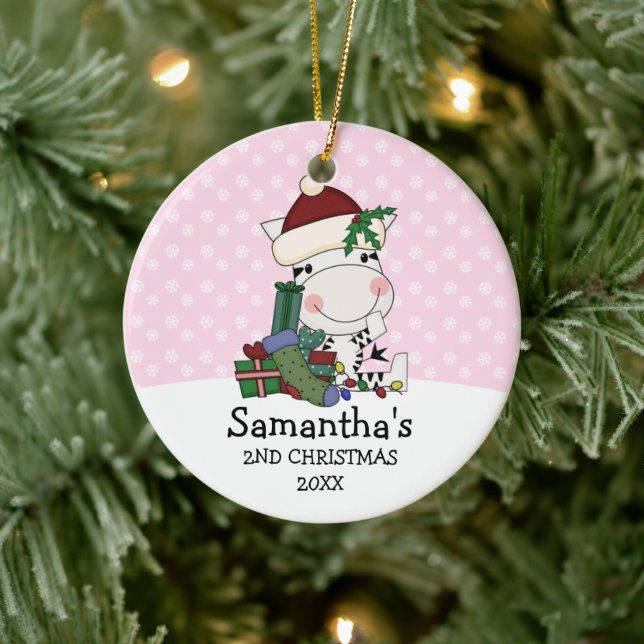 Girl 2. Christmas Santa Zebra Personalisiert Keramikornament (Baum)