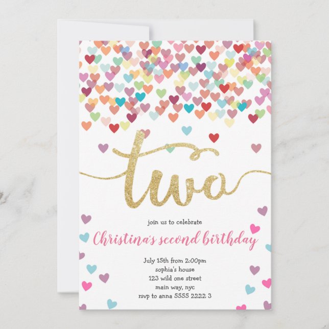 Girl 2. Geburtstag Hearts Confetti Rainbow Glitzer Einladung (Vorderseite)
