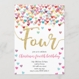 Girl 4. Geburtstag Hearts Confetti Rainbow Glitzer Einladung