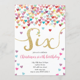 Girl 6. Geburtstag Herzchen Confetti Rainbow Glitz Einladung