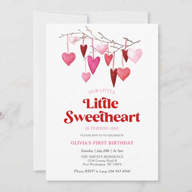 Girl A Little Sweetheart Valentine 1. Geburtstag Einladung (Vorderseite)