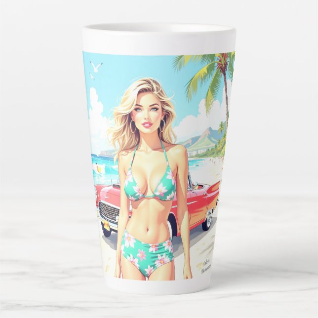 Girl am Strand mit einem klassischen Auto Milchtasse (Vorderseite)