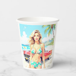 Girl am Strand mit einem klassischen Auto Pappbecher