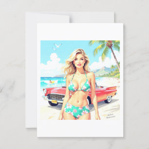 Girl am Strand mit einem klassischen Auto Postkarte