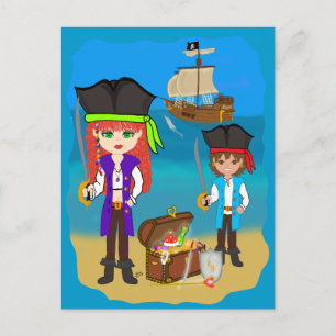 Girl and Boy Pirates with Ship on Beach Postcard Postkarte