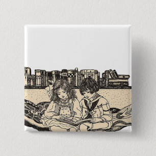 Girl and Boy Reading Button