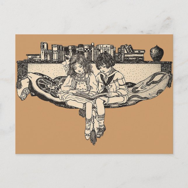 Girl and Boy Reading Postkarte (Vorderseite)