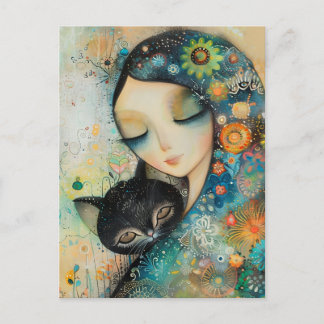 GIRL AND CAT ART JIGSAW PUZZLE POSTKARTE