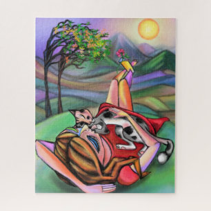 Girl and Cat In Nature Art Style Original Malerei