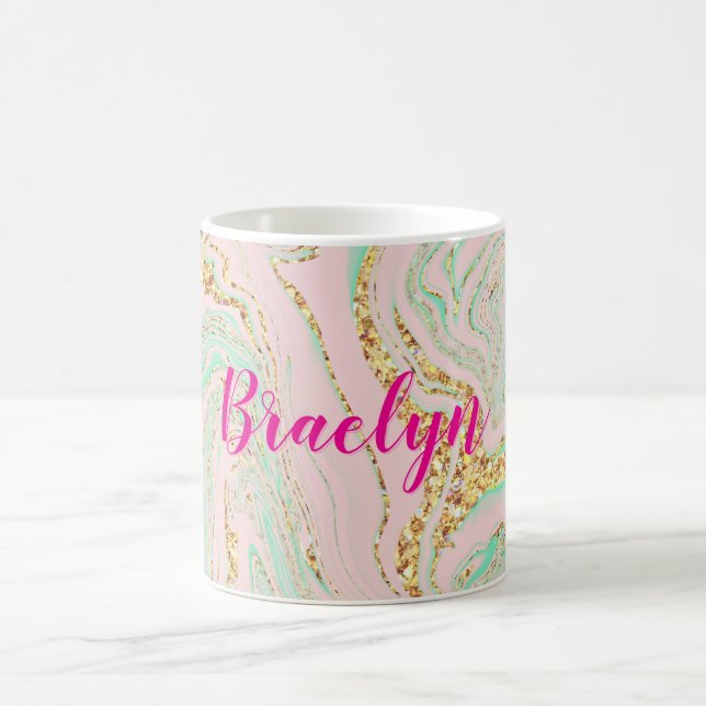 Girl and Feminine Pink Mint and Gold Marbling Kaffeetasse (Mittel)