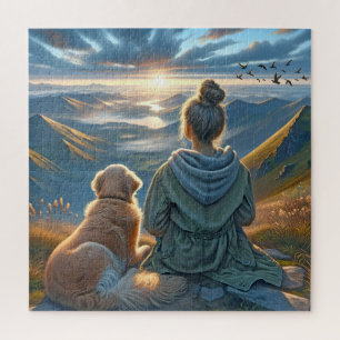 Girl and Golden Retriever auf dem Berggipfel